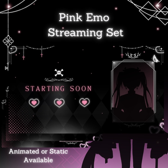 Pink Emo Twitch Streamer Screens + Overlay Kawaii Goth Streamer pack