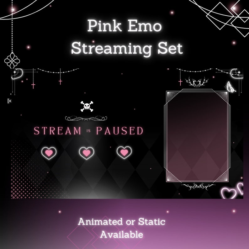 May include: Pink and white animated streaming overlay with a skull and crossbones, hearts, and the text "STREAM IS PAUSED". The overlay is set against a black and white chequered background. The text "Pink Emo Streaming Set" and "Animated or Static Available" are also included.