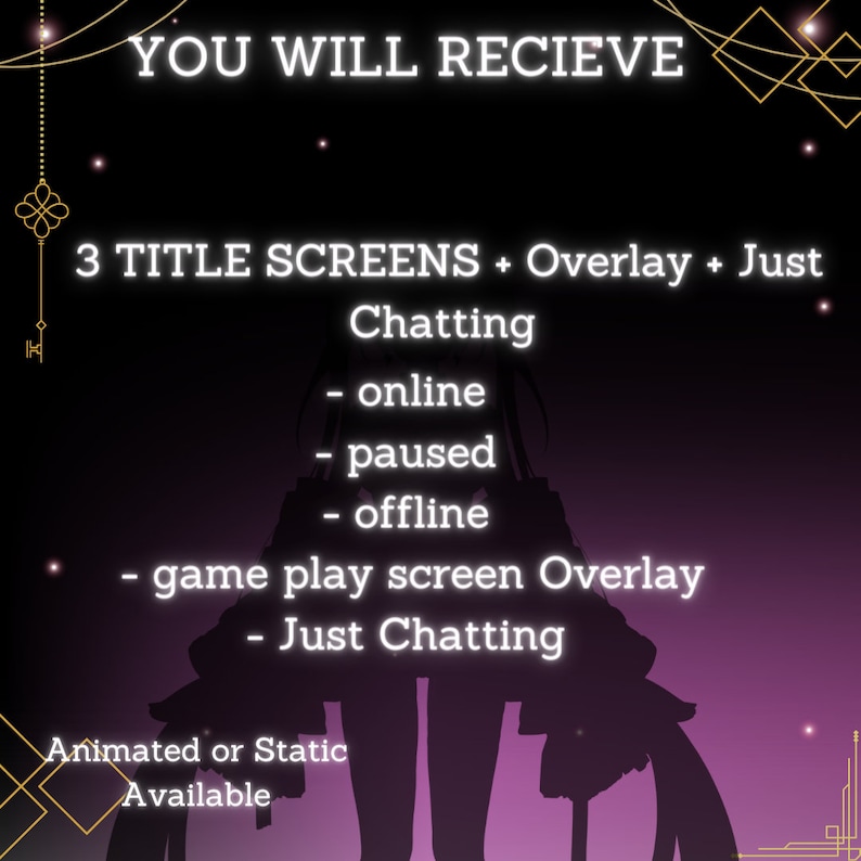 May include: A purple and black graphic with white text that reads "YOU WILL RECIEVE 3 TITLE SCREENS + Overlay + Just Chatting - online - paused - offline - game play screen Overlay - Just Chatting Animated or Static Available".