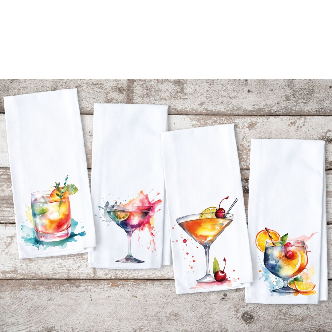 Rainbow Cocktail Kitchen Towels Watercolor Cocktails Fun Cocktail Towels Colorful Cocktail Tea
