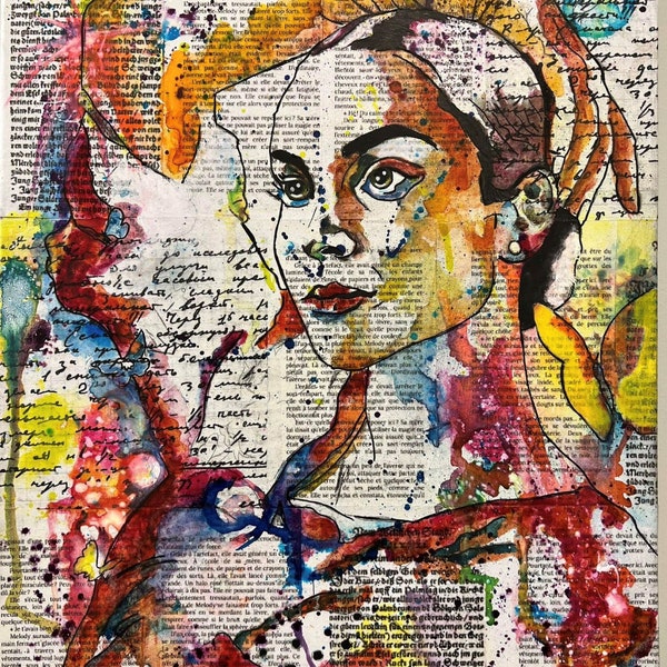 Peinture-collage sur toile, peinture acrylique-encre. La belle Andalouse