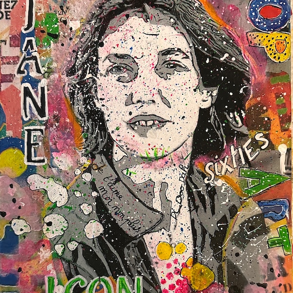 Collage sur toile cartonné peinture acrylique Jane Birkin.