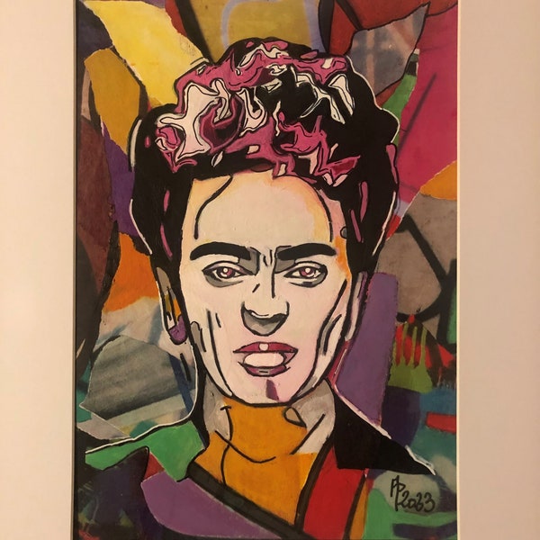 Peinture-collage sur carton toilé portrait de Frida Khalo