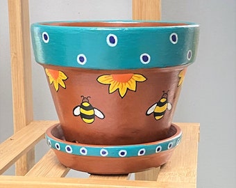 Handpainted terracotta pots with saucer | Rustic terracotta pots | UK