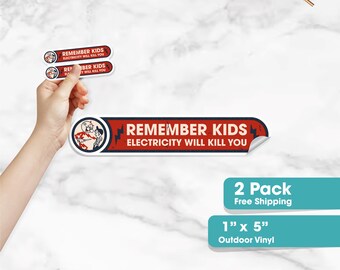 Remember Kids Electricity Will Kill You Sticker | Set of 2 Reddy Kilowatt Warning Stickers | Waterproof 1in x 5in Stickers