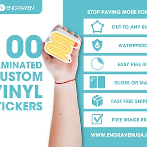 100 Custom Vinyl Laminated Stickers - Best prices - Small bussiness - Image - Photo - Logo - Waterproof - Free shipping - Any Shape - Bumper