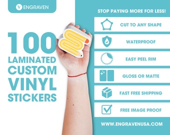 May include: 100 laminated custom vinyl stickers. The stickers are yellow and feature a pencil design. The text "STOP PAYING MORE FOR LESS!" is at the top of the image. The text "CUT TO ANY SHAPE", "WATERPROOF", "EASY PEEL RIM", "GLOSS OR MATTE", "FAST FREE SHIPPING", "FREE IMAGE PROOF", and "WWW.ENGRAVENUSA.COM" are listed in a column on the right side of the image.