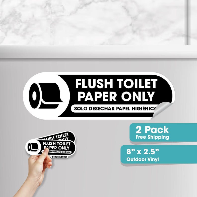 Short Term Rental Program Sticker Flush Toilet Paper Only Sticker | Small 1x5 Inch for Bathroom Restroom ...