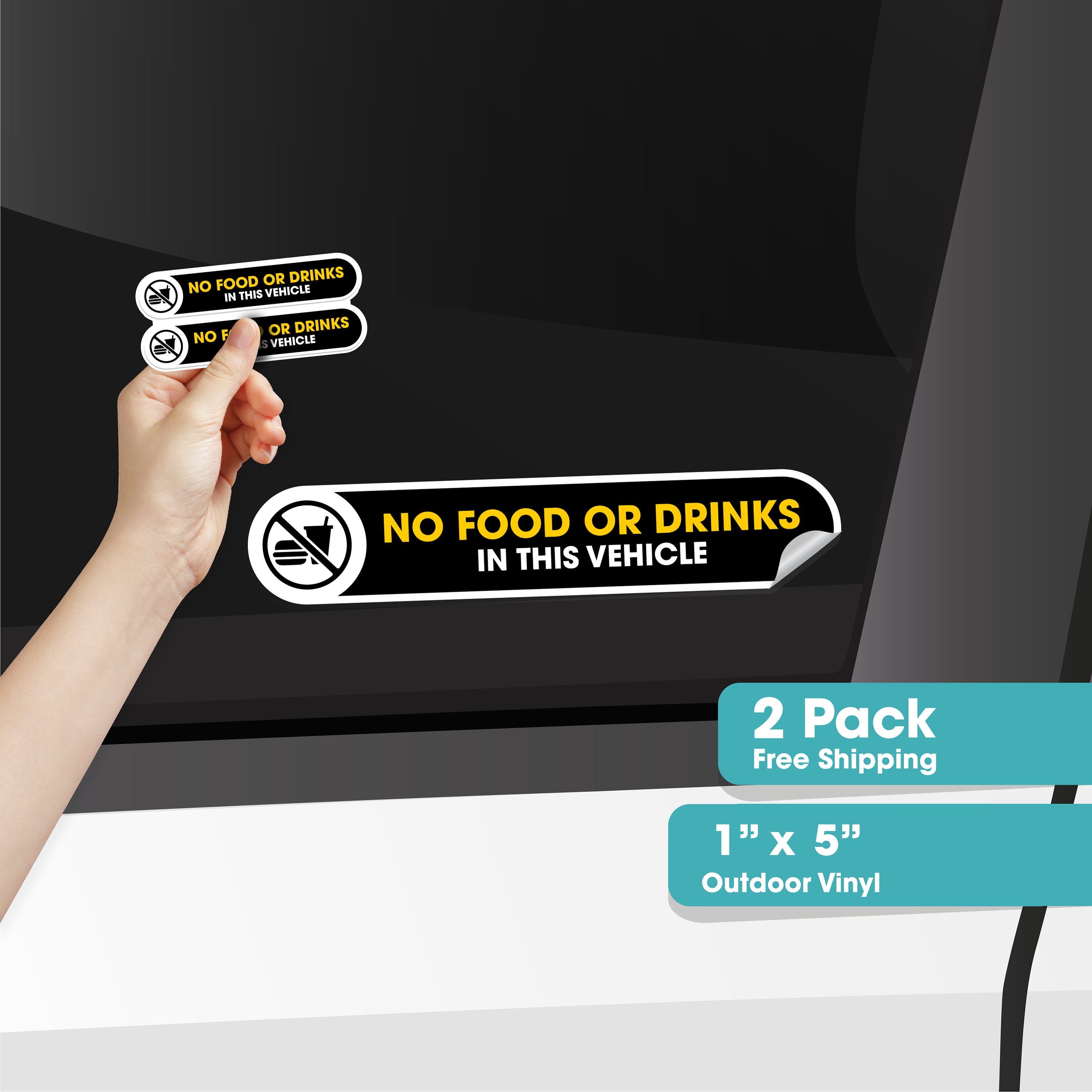 No Food or Drinks in this Vehicle | 2 Small Self Adhesive No Food or Drink Sticker Sign for Car | Glossy Permanent Vinyl Signs