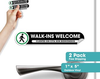 Walk-Ins Welcome Stickers | Small 1x5 Inch Business Signs | Set of 2 Bilingual English & Spanish Store Sign | Made in USA