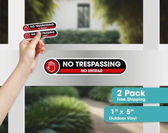 Bilingual Small No Trespassing Signs Private Property Stickers | 2 Pack No Trespassing Small Sign | 1x5 inches Vinyl Stickers | Waterproof