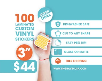 May include: A pack of 100 3-inch laminated custom vinyl stickers. The stickers are dishwasher safe, can be cut to any shape, have an easy peel rim, and are available in gloss or matte finishes. Free shipping is included.