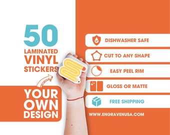May include: A hand holds a yellow pencil-shaped sticker with the text "50 Laminated Vinyl Stickers Your Own Design". The image also includes a list of features: Dishwasher Safe, Cut to Any Shape, Easy Peel Rim, Gloss or Matte, Free Shipping, and the website address www.engravenusa.com.