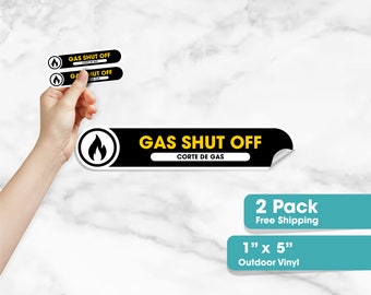 Bilingual Gas Shut Off Small 2 Pack Stickers | Emergency Gas Shut Off Small Stickers | 5x1 inches Matte Vinyl | English and Spanish