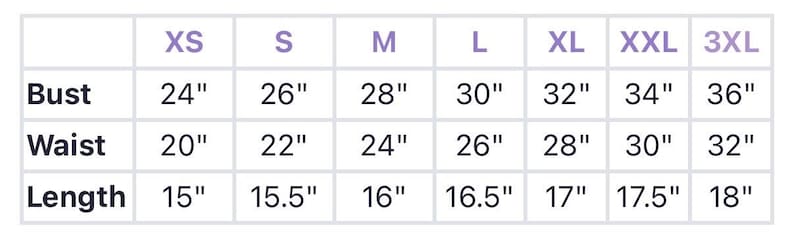 May include: A size chart table with black text on a white background. The columns are labelled XS, S, M, L, XL, XXL, and 3XL. The rows are labelled Bust, Waist, and Length, with corresponding measurements in inches ranging from 15 to 36 inches.