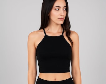 Women's Cropped Halter Top | High Neck Cotton Spandex Tank | Made in USA