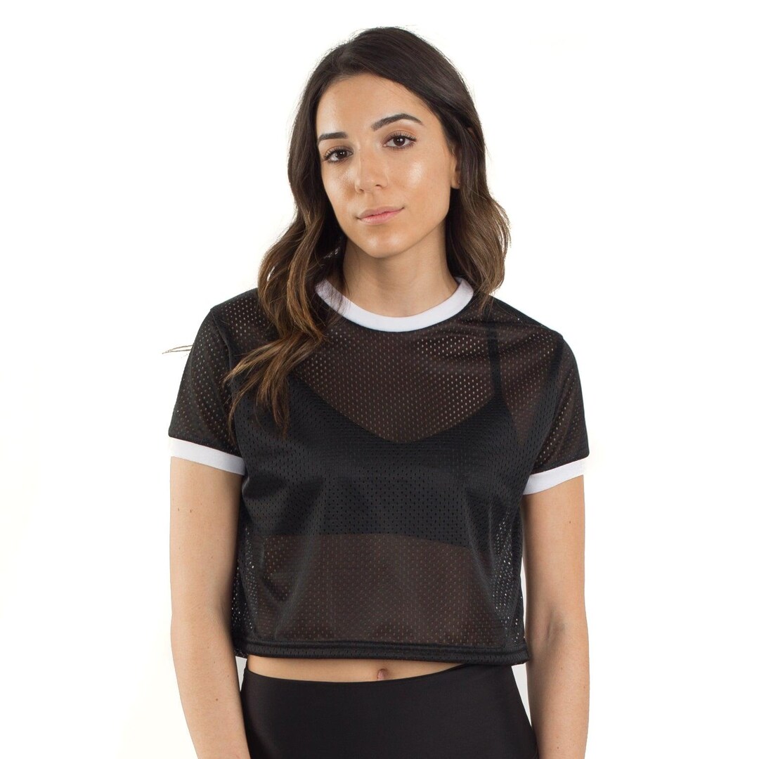 Women's Cropped Mesh Ringer Tee | Sporty Contrast Color Top | Made in ...