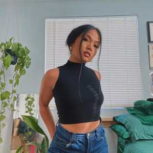 Women's Mock Neck Cropped Muscle Tank | Sleeveless Turtleneck Top | Made in USA image 2