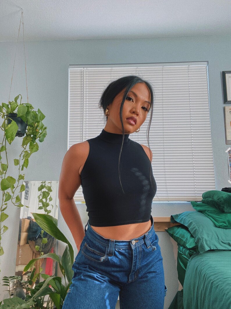 Women's Mock Neck Cropped Muscle Tank | Sleeveless Turtleneck Top | Made in USA image 2
