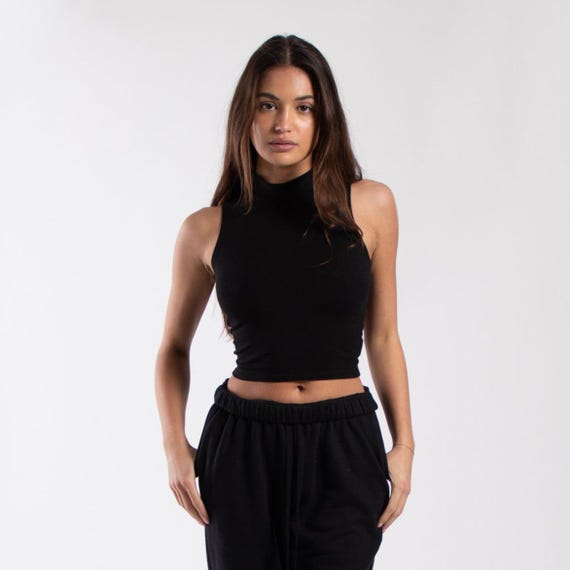 Women's Mock Neck Cropped Muscle Tank | Sleeveless Turtleneck Top | Made in USA