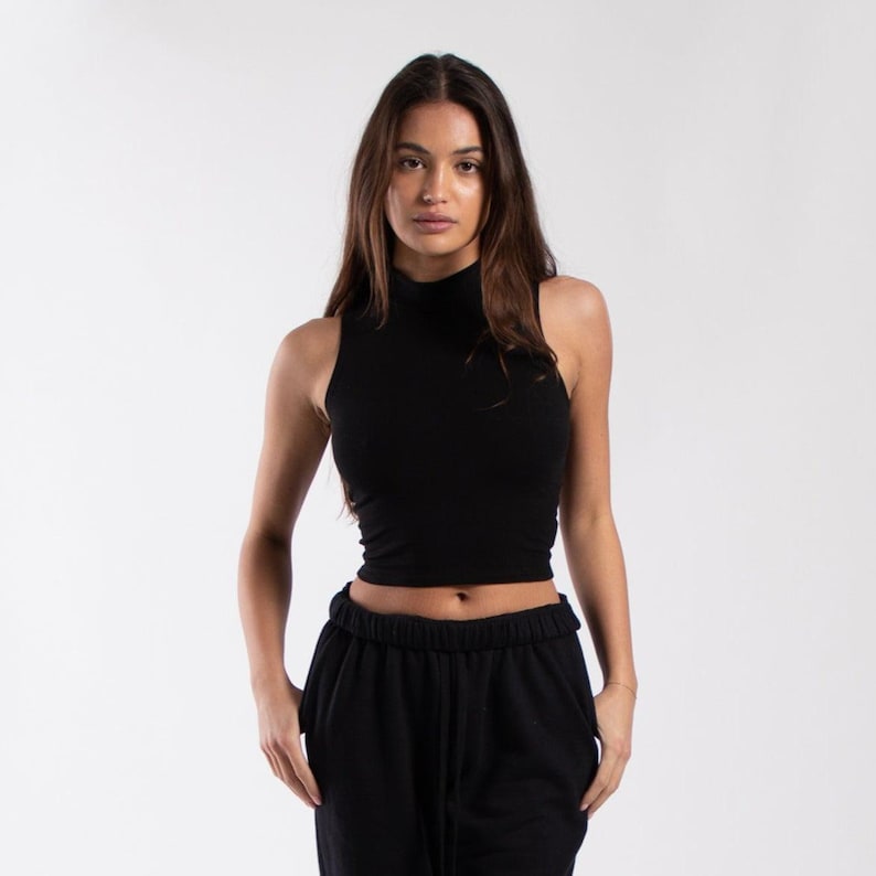 Women's Mock Neck Cropped Muscle Tank | Sleeveless Turtleneck Top | Made in USA image 1