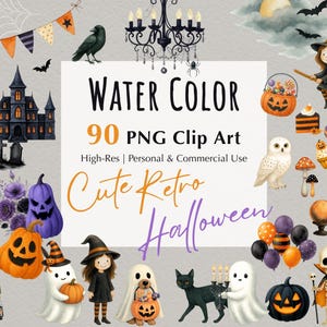 以下が含まれることがあります： 水彩画のハロウィーンをテーマにしたクリップアート。お化け屋敷、魔女、カボチャ、幽霊、その他の不気味な要素が含まれています。「WATER COLOR 90 PNG Clip Art Cute Retro Halloween」と書かれています。