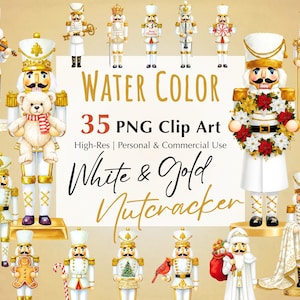 Op de afbeelding: Een verzameling clip-art in aquarelstijl met witte en gouden notenkrakers in verschillende poses. De afbeelding bevat de tekst "WATER COLOR", "35 PNG Clip Art" en "White & Gold Nutcracker".