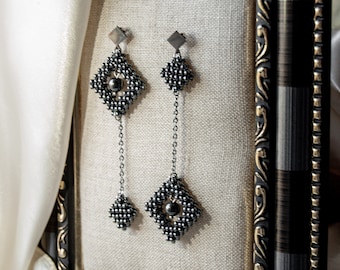 Black beaded earrings. Asymmetrical earrings. Long rhombus earrings. Unusual earrings. Original handmade earrings.
