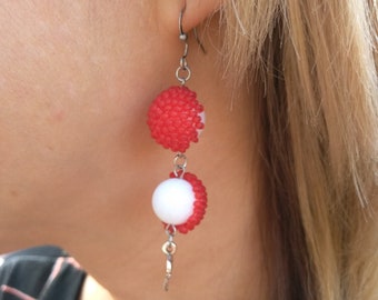 Red-white beaded earrings. Earrings balls. Unusual earrings. Long handmade earrings.