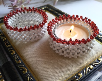 Tea candlestick. Candlesticks set. Small beaded candle holder for a tea light.