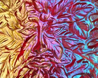 Glass Green Man, Lord of the Wood; Iridescent Cherry Red; Color Shifts Rainbow Depending on Light; Fused Glass For Wall or Window