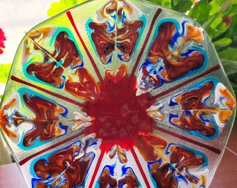 Mandala Melt - Molten Glass Art Piece; Organic Swirling Petals of Red Blue and Yellow Fused into Mandala Form