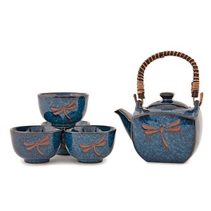 Japanese Blue Dragonfly Tombo Pottery Tea Set with Strainer and 4 Tea Cups