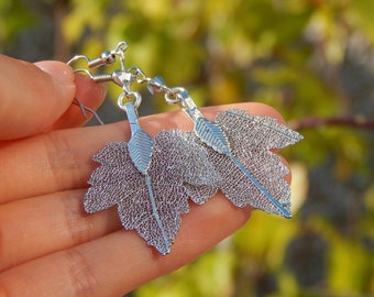 Autumn Gunmetal Grey Silver Grape leaf dangle earrings, Real Leaf Earrings, Crystal Bead Earrings
