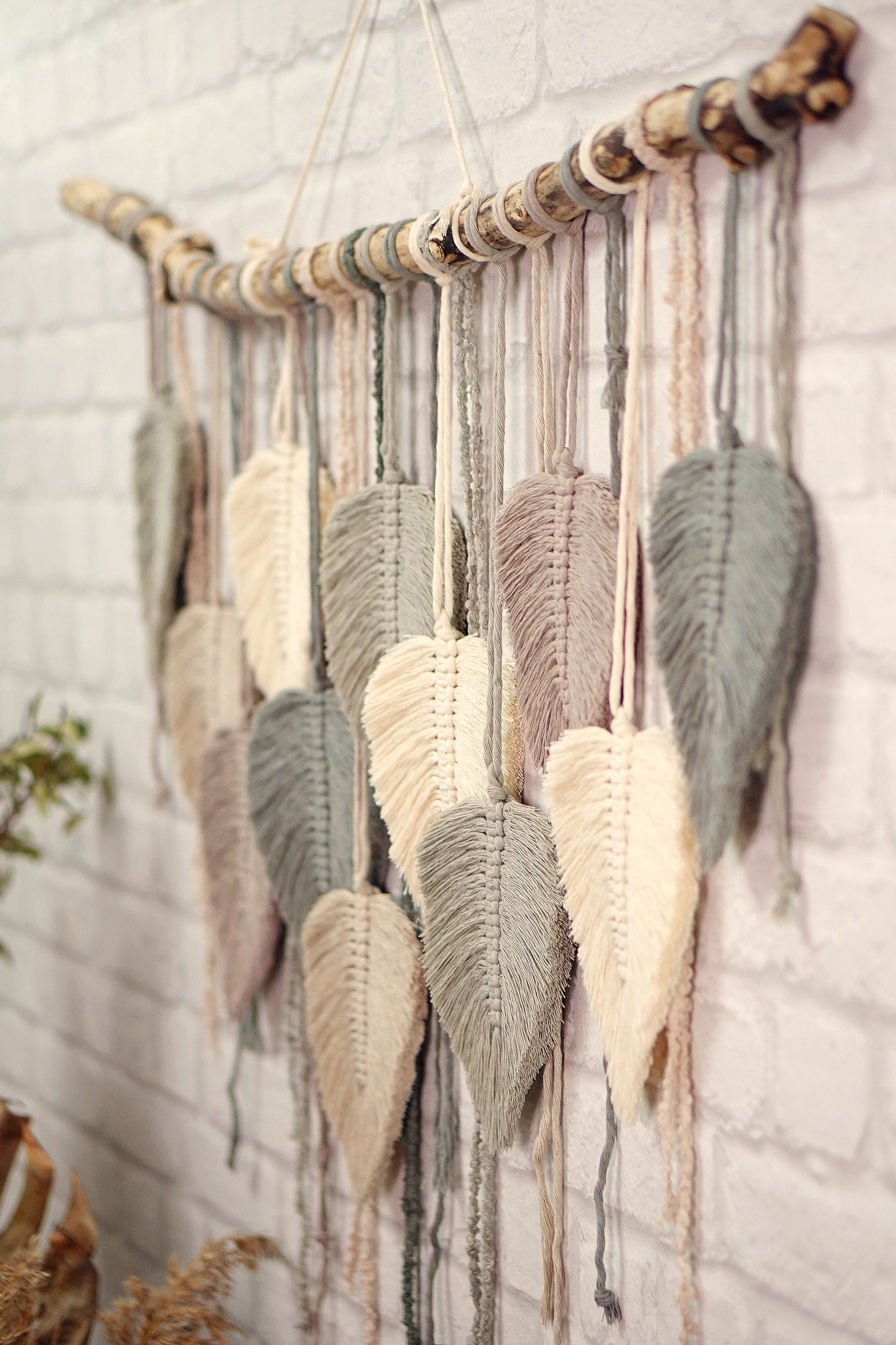 Large Wall Hanging Feather Light Boho Macrame Leaf Gray Etsy