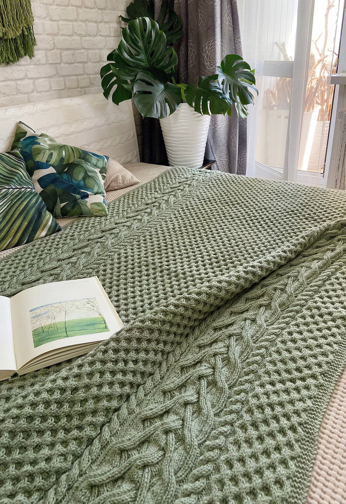 Large HAND Knitted Blanket Sage Olive Jungle Green Theme Etsy