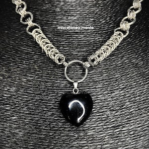 Byzantine Chainmail Choker| Stainless Steel Chainmail Necklace| Gothic Punk Alternative |Medieval Jewelry| Black obsidian heart pendant