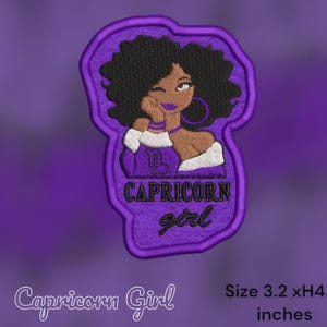 May include: Purple embroidered patch with a black and white illustration of a woman with a Capricorn zodiac symbol and the text "Capricorn girl". The patch is 3.2 inches by 4.5 inches.