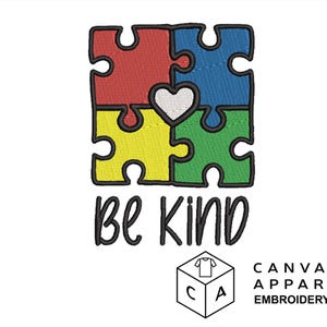 Autism Awareness Puzzle Piece Embroidery Design - Be Kind - 4 Sizes Instant Download