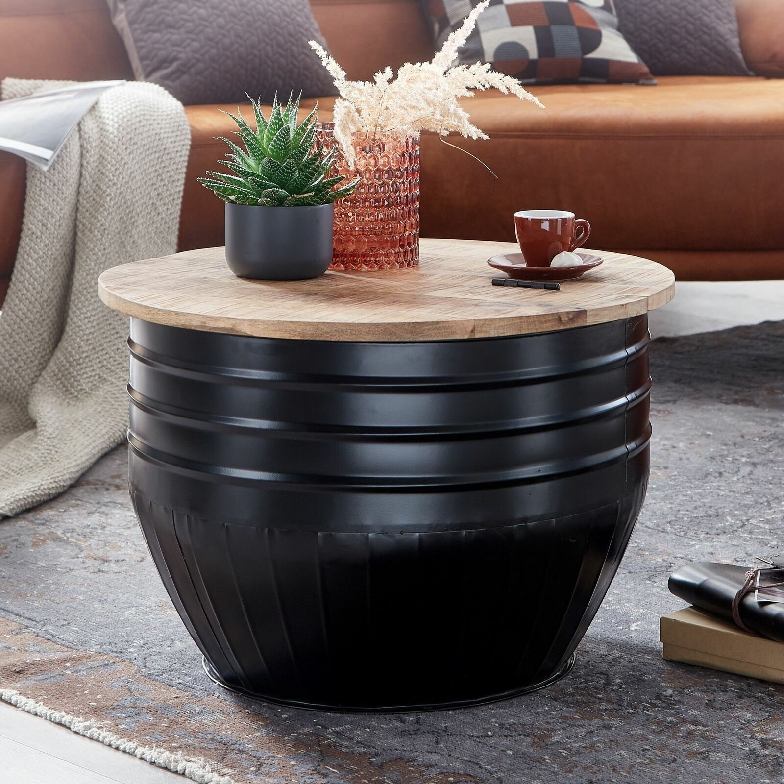 Table Basse Bois Massif 60x41x60 cm Table d'appoint de Salon Rond Handmade #et21