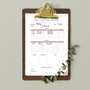 May include: A printable pet sitter notes sheet with sections for pet information, walking schedule, feeding schedule, allergies, medication, notes, and emergency numbers. The sheet is designed with a pink and white color scheme.