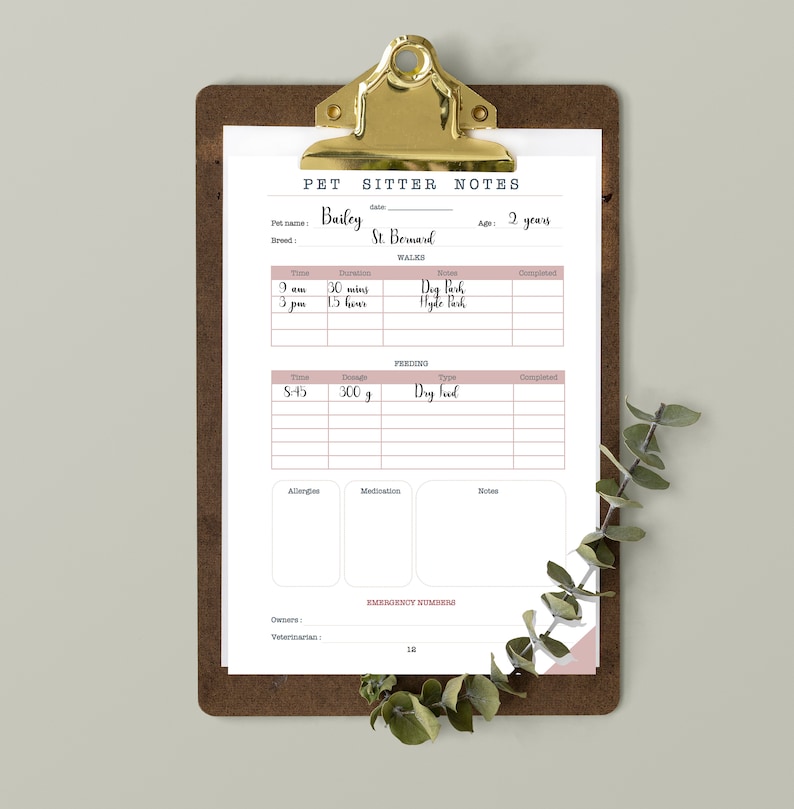 May include: A printable pet sitter notes sheet with sections for pet information, walking schedule, feeding schedule, allergies, medication, notes, and emergency numbers. The sheet is designed with a pink and white color scheme.