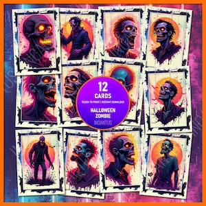 Bundle of 12 Zombie Digital Cards - Halloween Neon Fluorescent Art - Perfect for T-Shirts & Posters!