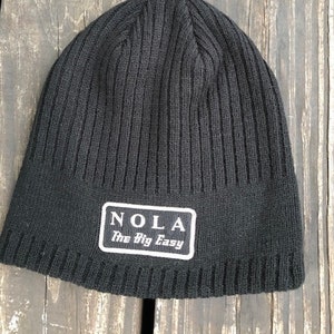 NOLA &#39;The Big Easy&#39; Knit Beanie: Embroidered Black Acrylic Cap