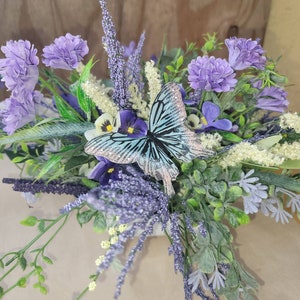 Butterfly Floral Arrangement: Purple Lavender Flowers in White Tub