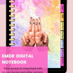 May include: A digital notebook for EMDR therapy. The cover features a watercolor background with a pink, yellow, and purple color scheme. The notebook has tabs for DSM, EMDR script, progress notes, safe place, container exercise, and more.