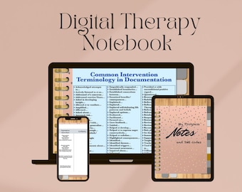 May include: Digital notebook for therapists with tabs for commonly used DSM 5 codes, progress notes, and documentation terminology. The notebook is shown on a laptop, tablet, and phone.