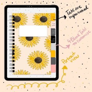 May include: A digital planner with a sunflower pattern on the cover. The planner has a spiral binding and a side bar with tabs labeled "Index", "Pray Notes", "DSM Codes", and "CPT Codes". The tabs are hyperlinked and there are four blank tabs to customize. The text "Portrait view" is written on the image.