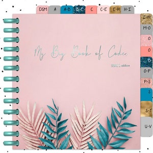 May include: A pink spiral-bound notebook with the text "My Big Book of Code" and "DSM-5 edition" in silver. The notebook has teal accents, decorative leaves, and labelled tabs for organisation.