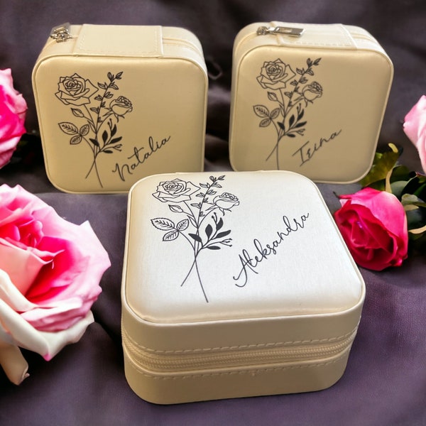 Gift for Her/Custom Name Travel Jewelry Box/Accessory Case With Birth Flower/Personalized Gifts For Women Who Has Everything, Jewelry Case